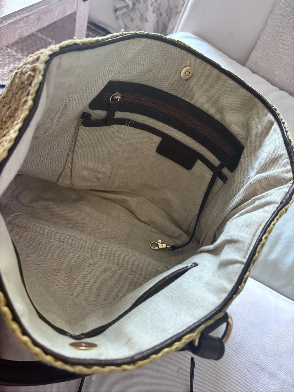 Michael Kors Olive Woven Shoulder Tote with Dark Brown Leather Handles